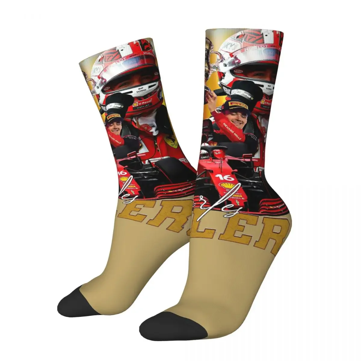 Funny Crazy Compression Sock for Men Leclerc16 Hip Hop Harajuku New Car Race Happy Pattern Printed Boys Crew Sock