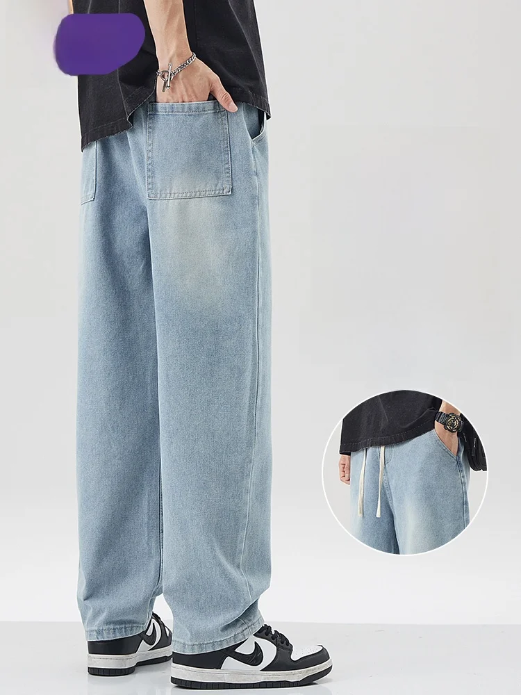 

Мужские летние тонкие повседневные свободные прямые джинсы в американском ретро-стиле из хлопка и полиэстера, длинные брюки