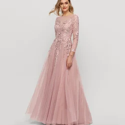 Customized Elegant Prom Dresses O Neck Tulle Applique Party Gowns Long Sleeves A Line Evening Dress New Vestido De Novia