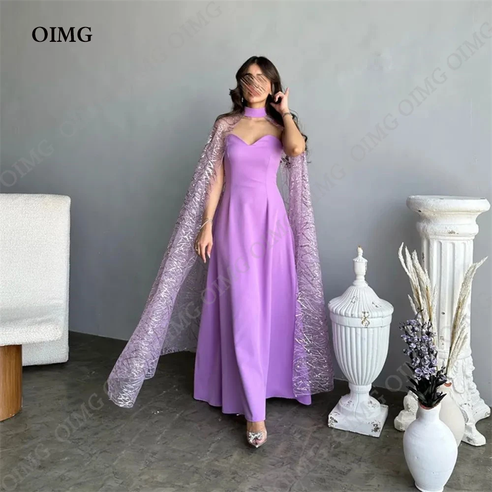 

OIMG Shiny Lavender Women's Dress Bling Cape Sleeves Evening Party Prom Gowns Elegant Hight Neck Dubai Wedding Prom Dresses