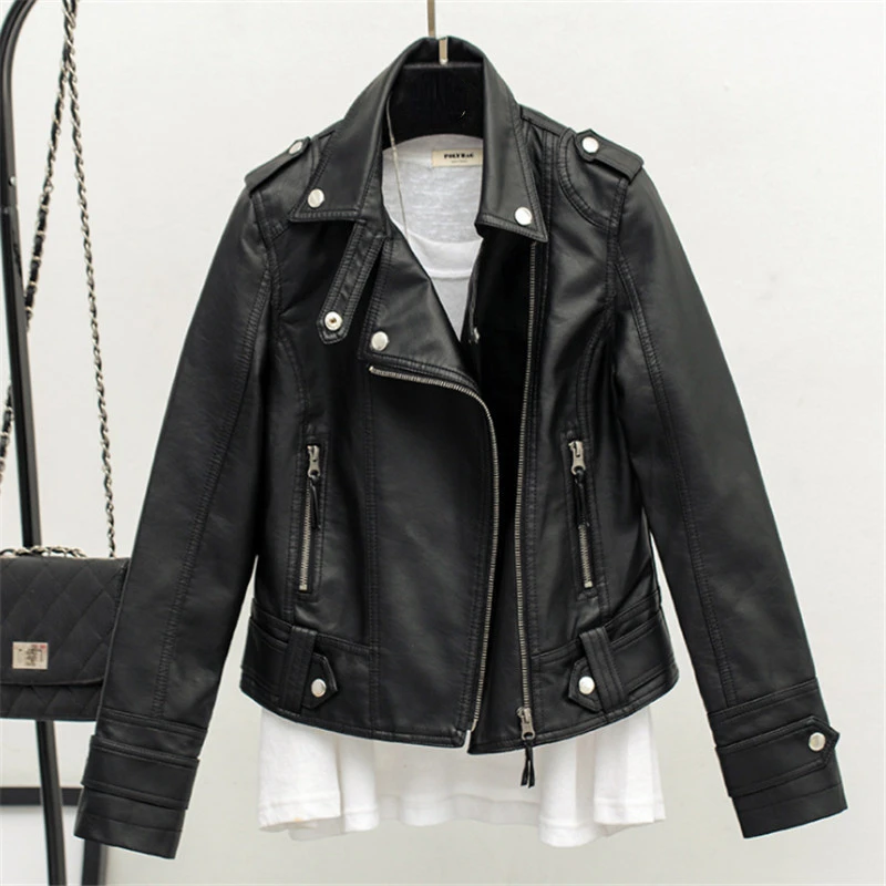 Spring and Autumn New Slim Collar Leather jacket  Women\'s Short PU Motorcycle Coat