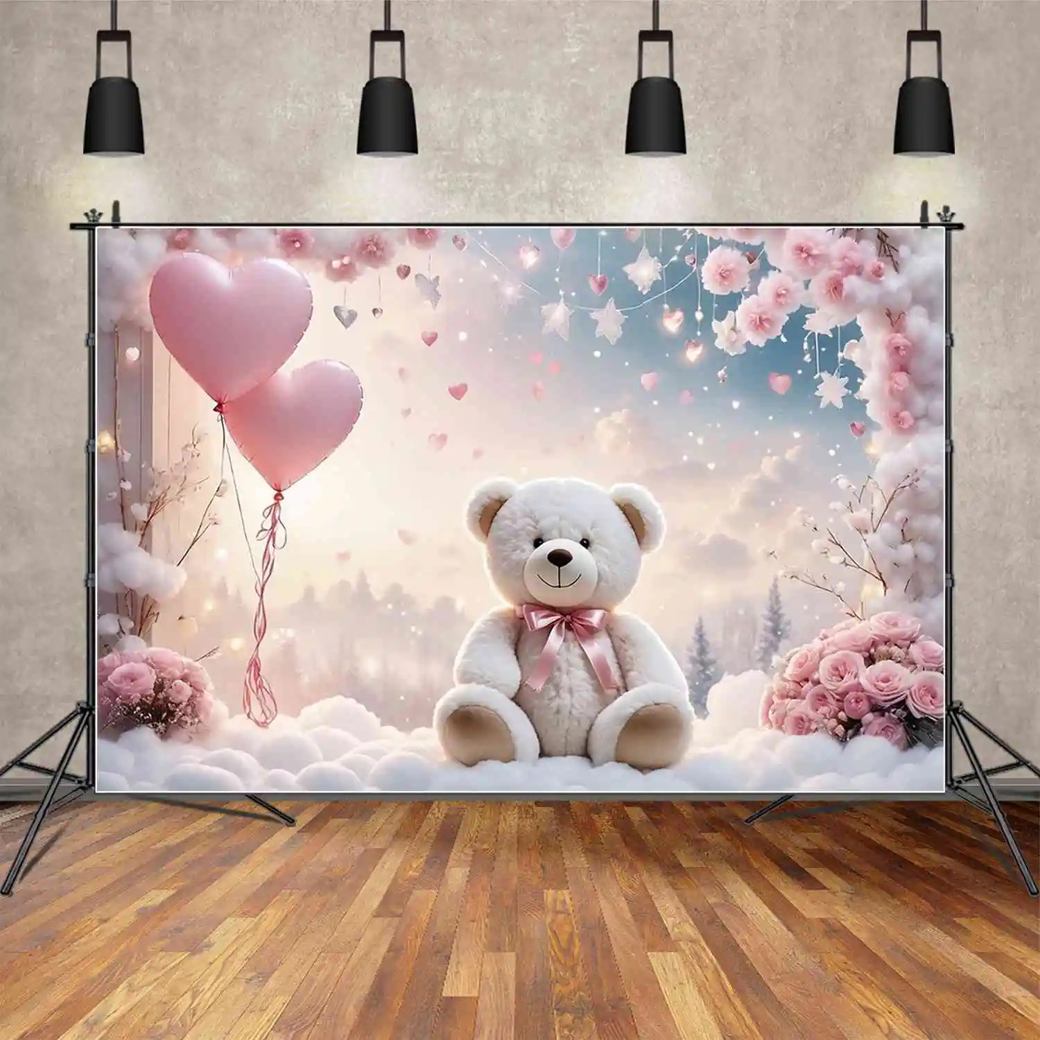 Mond. qg Blume Schneeflocke ein Geburtstag Hintergründe Kinder Stern Ballon Teddybär Kulissen Party Dekoration Fototermin Requisiten