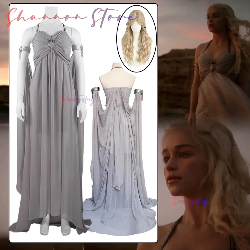 

Queen DANIELIS Costume Cosplay Women's Medieval Queen Grey Long Train Dress Pleat Elegant Off Shoulder Evening Dresses Disguise
