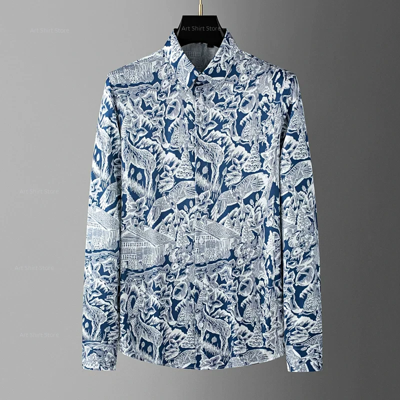 Men's new fashionable and personalized niche-oriented printed light luxury trendy men's high-quality long-sleeved shirt