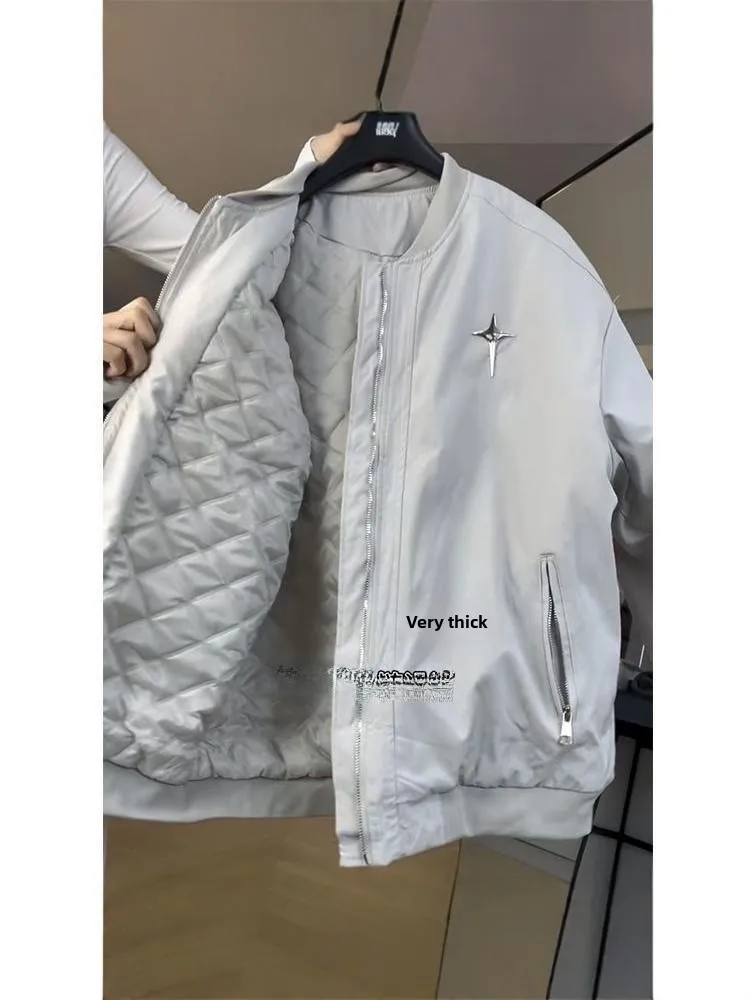 

Thiened Cotton Pilot Jaet Women's Sle V-Ne Original Design Winter Collection Loose Fit Baseball Game Outerwear