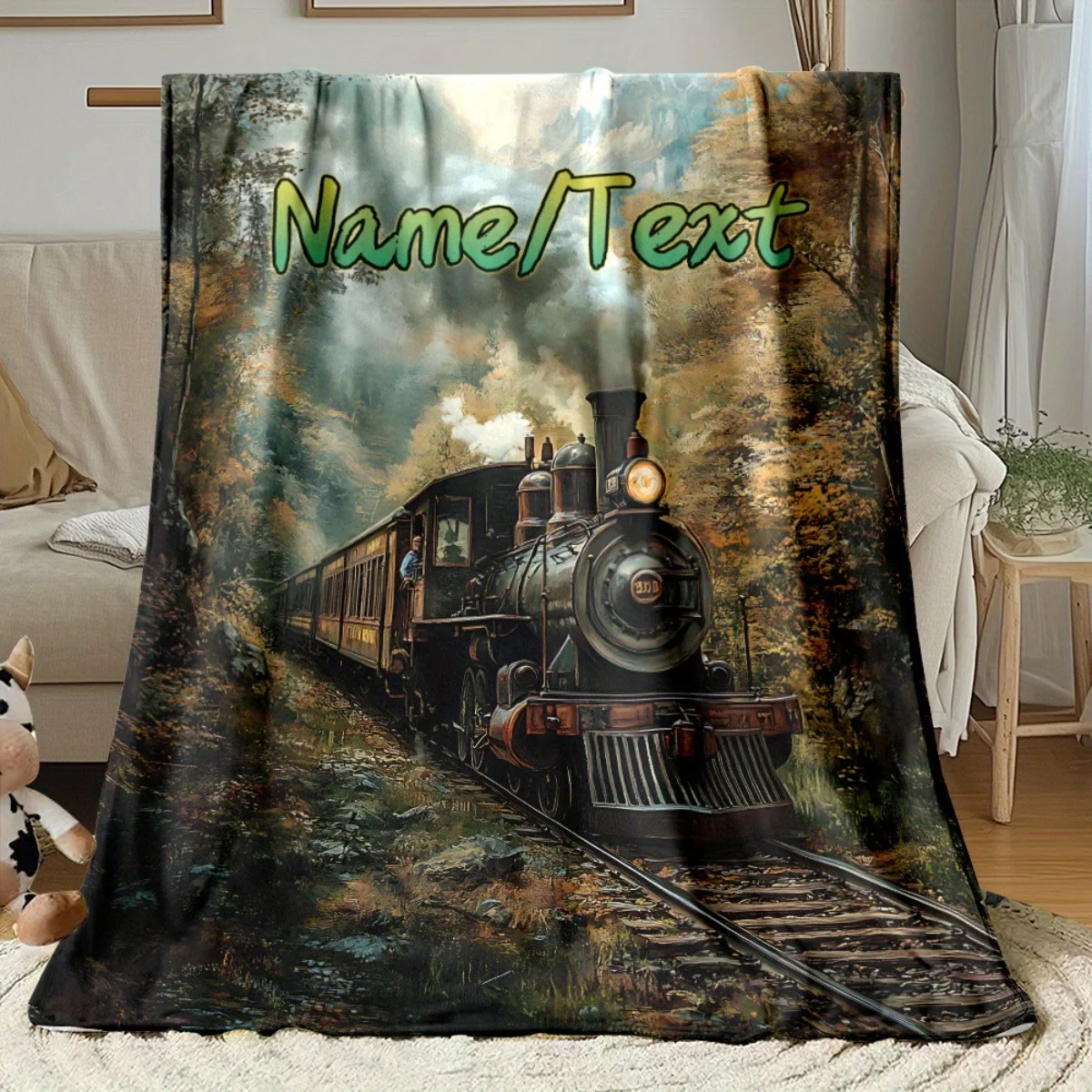 1pc Personalized Custom Name/Text Vintage Steam Train in Forest Blanket - Soft Lightweight Flannel Throw with Custom Text, All-S