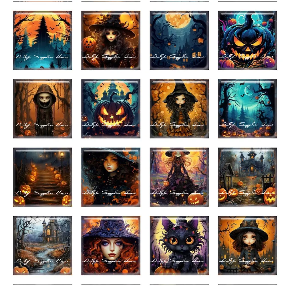 10pcs/lots Square Photo Glass Cabochon Halloween Wizard Pumpkin Charms Demo Flat Back Cameo For Diy Jewelry Making Accessories