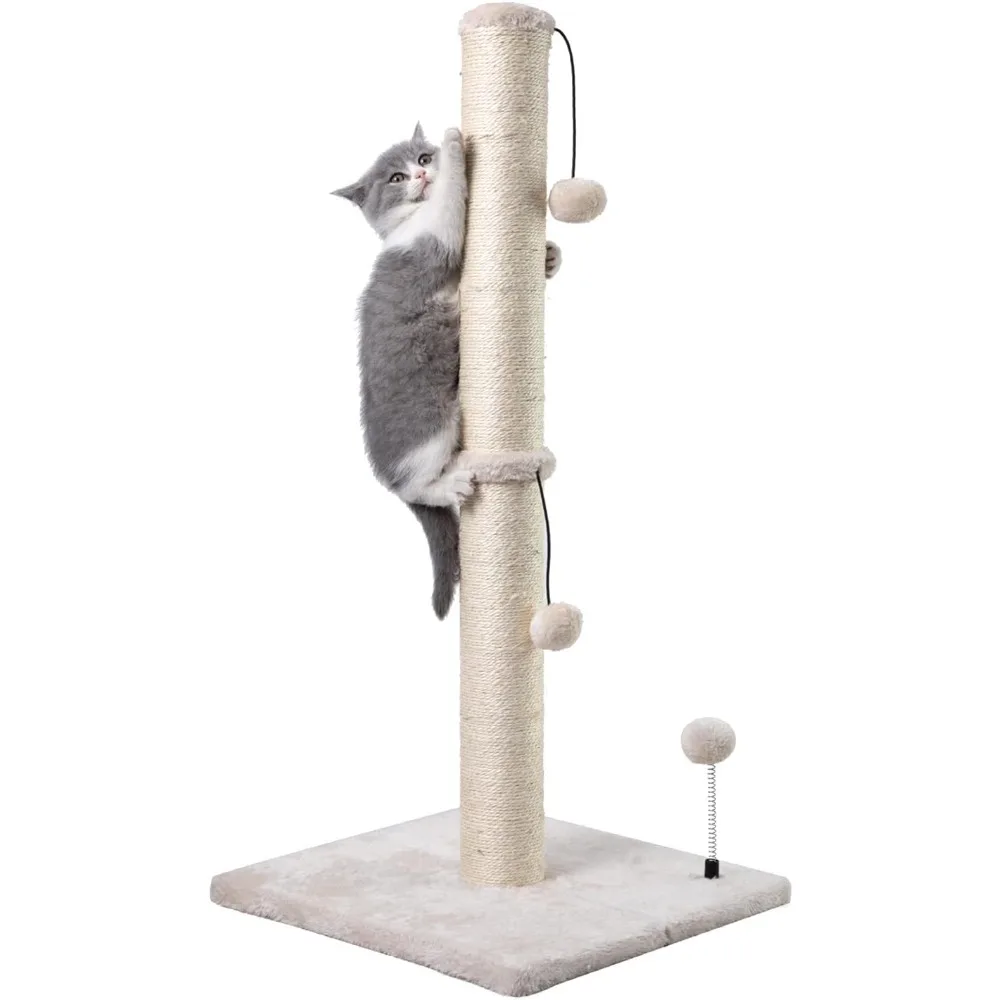 

34” Tall Cat Scratching Post Premium Basics Kitten Scratcher Sisal Scratch Posts Trees with Hanging Ball for Indoor Cats, Beige