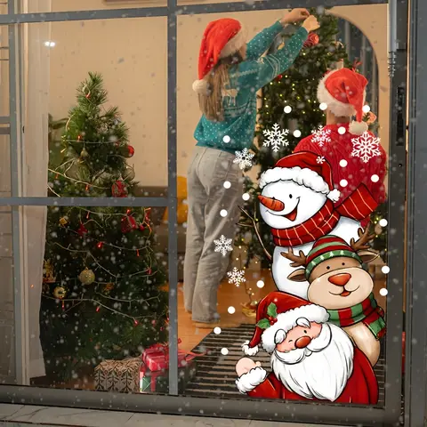 1pc Peeking Santa Snowman Reindeer Window Sticker, Christmas Character Snowflake Snow Dot Winter Xmas Static Window Cling
