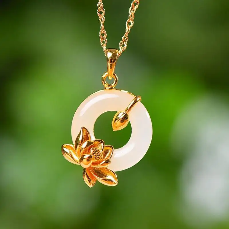 Genuine China Nephrite Stone 925 Silver Golden Lotus Flower White Hetian Jade Donut Pendant Necklace Women Certified Jewelry