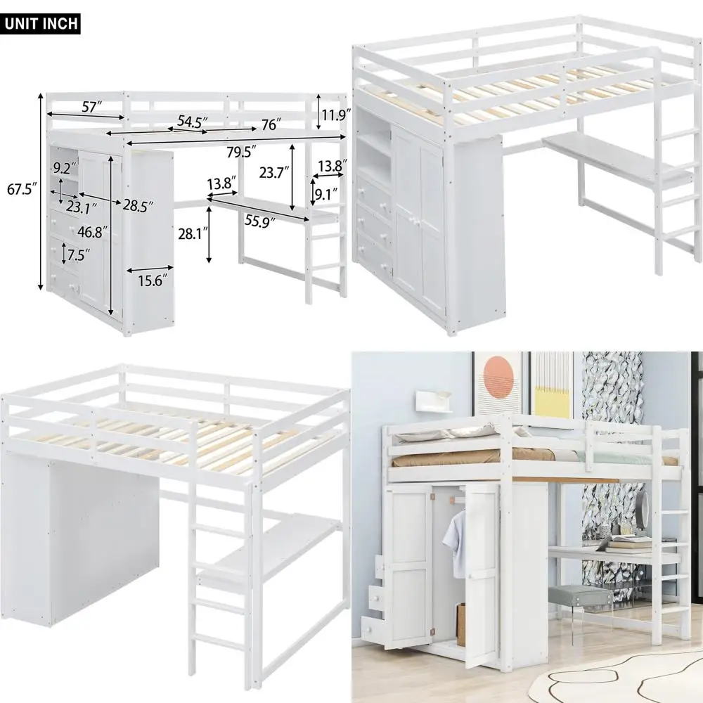 

Оптимизируйте пространство с помощью белой деревянной детской кровати-чердака, стола, шкафа и системы хранения.