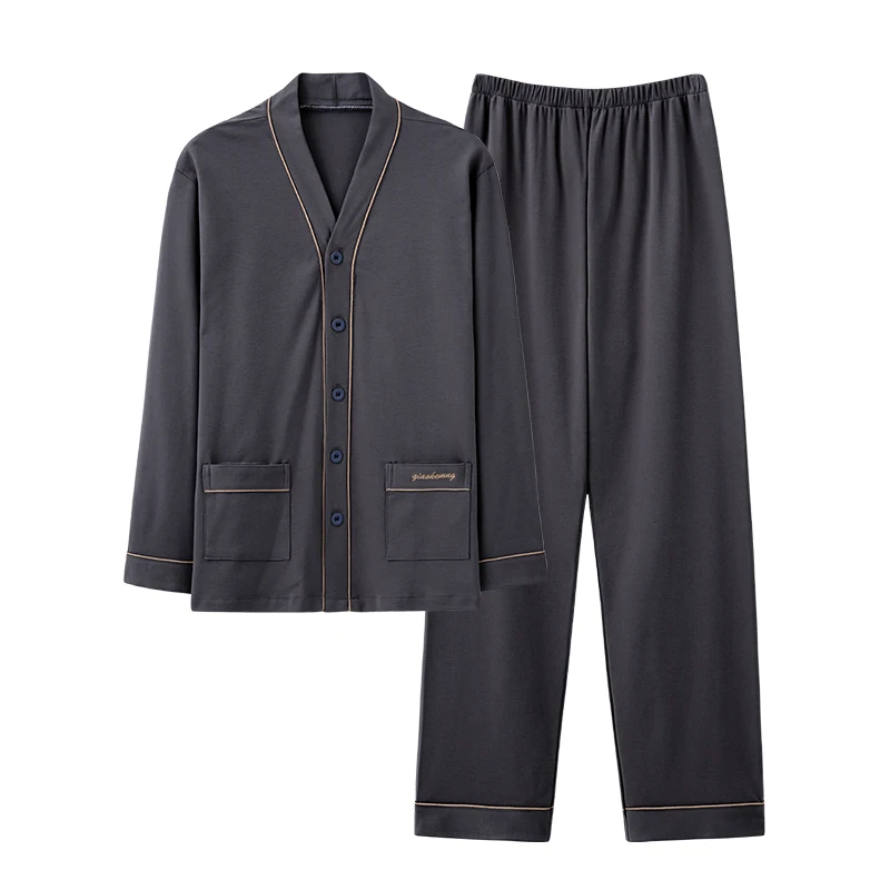 

Мужские кимоно с v-образным вырезом, пижамный комплект, хлопковые мужские пижамы с длинными рукавами, весенне-осенние свободные мужские домашние комплекты, однотонные пижамы, топы + брюки, 2 шт.