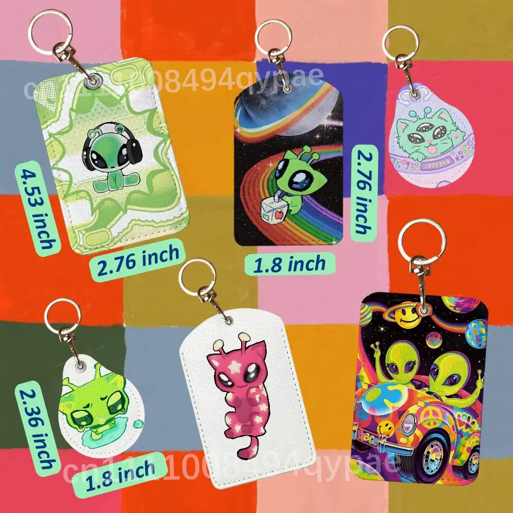Cute Alien Cat UFO 1PCS Leather Card Holder Keychain Door Lock Access Tags ID Card Case Access Card Bag Key Tag Ring