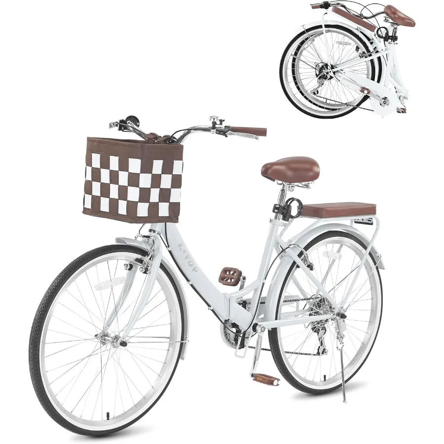 دراجة شاطئ كروزر قابلة للطي مقاس 26 بوصة للنساء مع سلة 7 سرعات بسعة 330 رطل نظام فرامل V مزدوج مثالي للتنقل في الحضرية