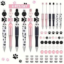 6 PCS cute pink black and white wooden bead dog claws Themed Black Ink DIY Bead Ballpoint Pen And Wooden Bead Set,Office&School