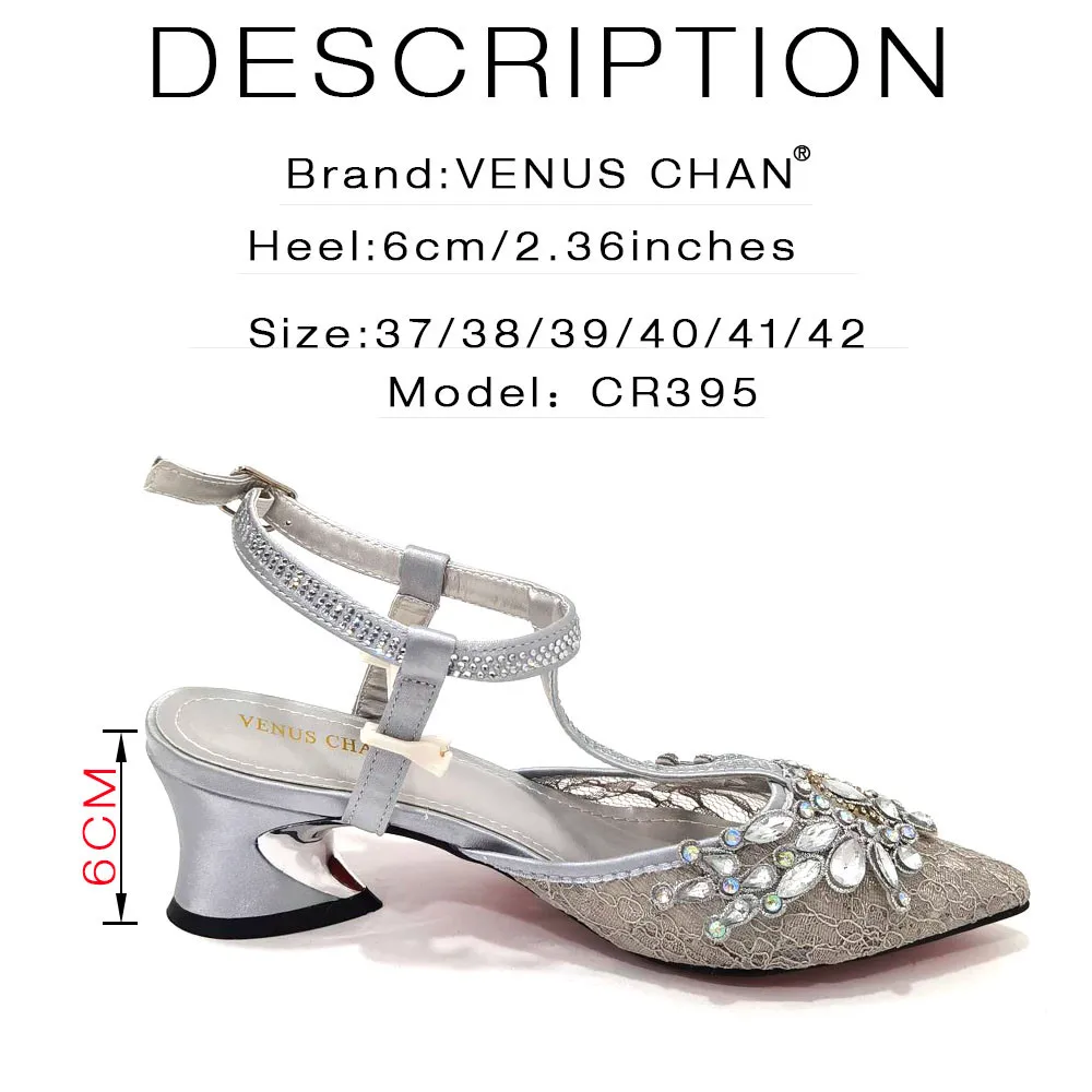 Daily Wear Comfortable Ltalian Design Silver Color Rhinestones Decoration Pointed Toe High Heels Party Ladies Shoes Bag Set