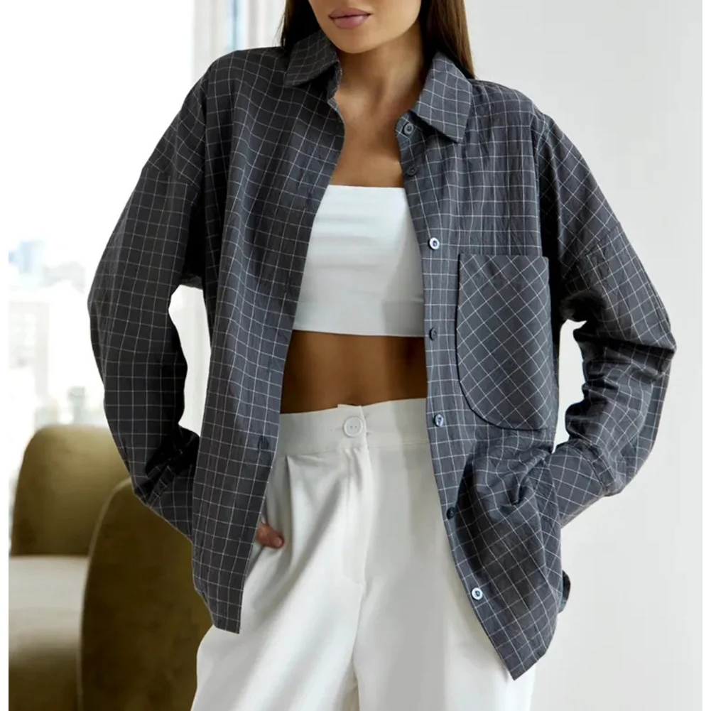 Women's Lapel Loose Button Cardigan Shirt Checkered Striped Long Sleeved Tops Suitable For Spring And Autumn