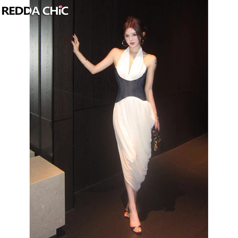 

ReddaChic джинсовое вечернее платье Cincher для женщин, тренировочное белое платье без рукавов на молнии с глубоким вырезом на талии, элегантное вечернее платье