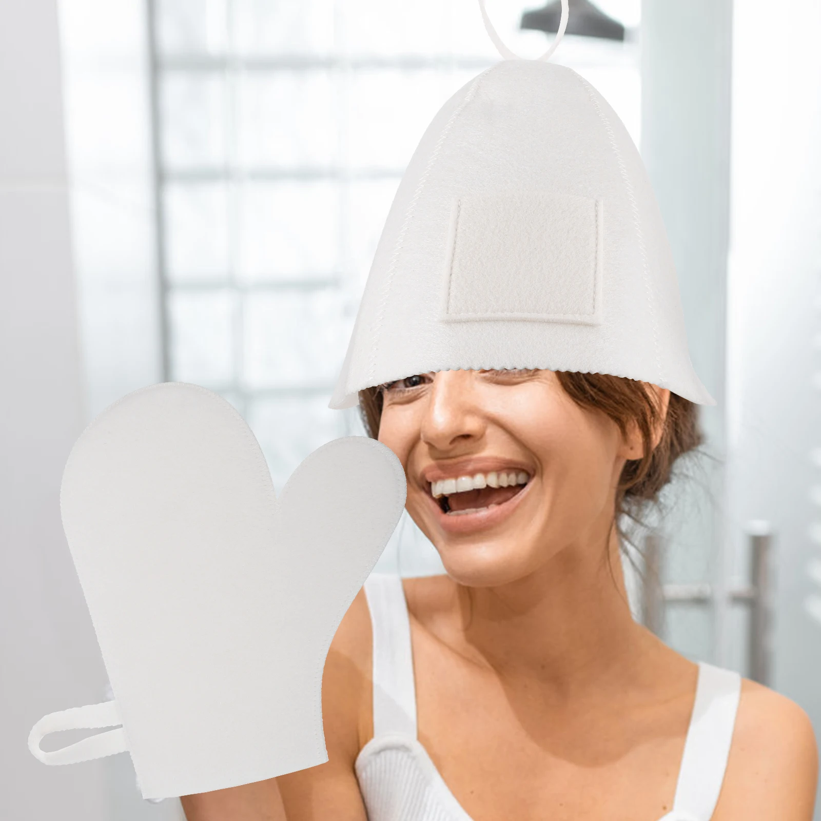 

Felt Sauna Hat Glove Set White Luxury Accessories Women Bathing Caps Shower Hair Protector Gloves Cushion Mat Spa Relaxation