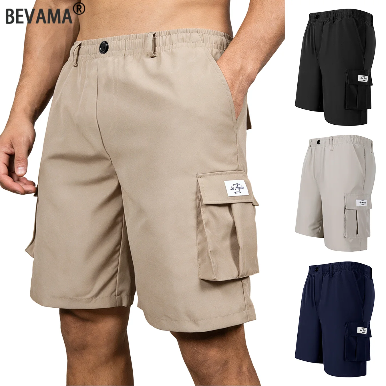 Summer Loose Cargo Shorts Half Elastic Waist Button Fly Multi Side Pockets Small Tag Decor Casual Streetwear Short Pants