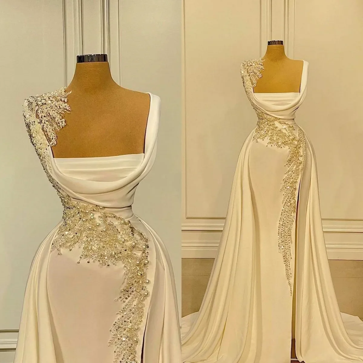 

Elegant Pearls Evening Dresses Square Collar Sleeveless Prom Gowns Side Slit Beadeds Crystal Prom Dress Customized
