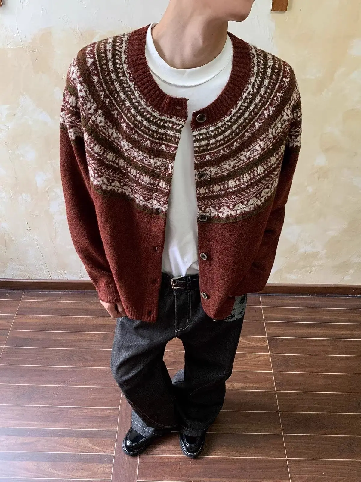 

Мужской кардиган Oalin в американском ретро-стиле Fair Isle, свободный крой, новогодний красный, вязаный, модный, винтажный, с длинным рукавом, круглый вырез горловины