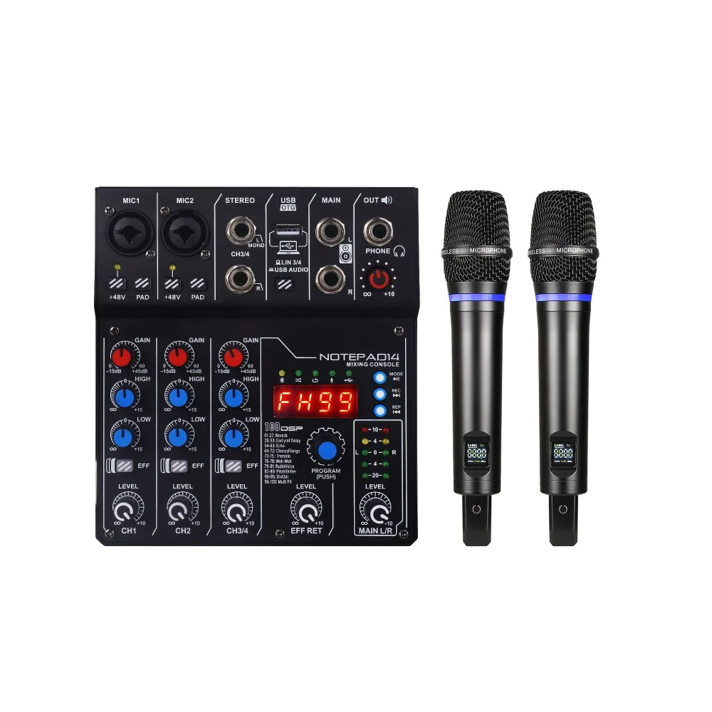 

DJ Console Mixer Soundcard with Bluetooth 4 Channel UHF Wireless Microphone for Studio Recording Karaoke Professional Hot Sale