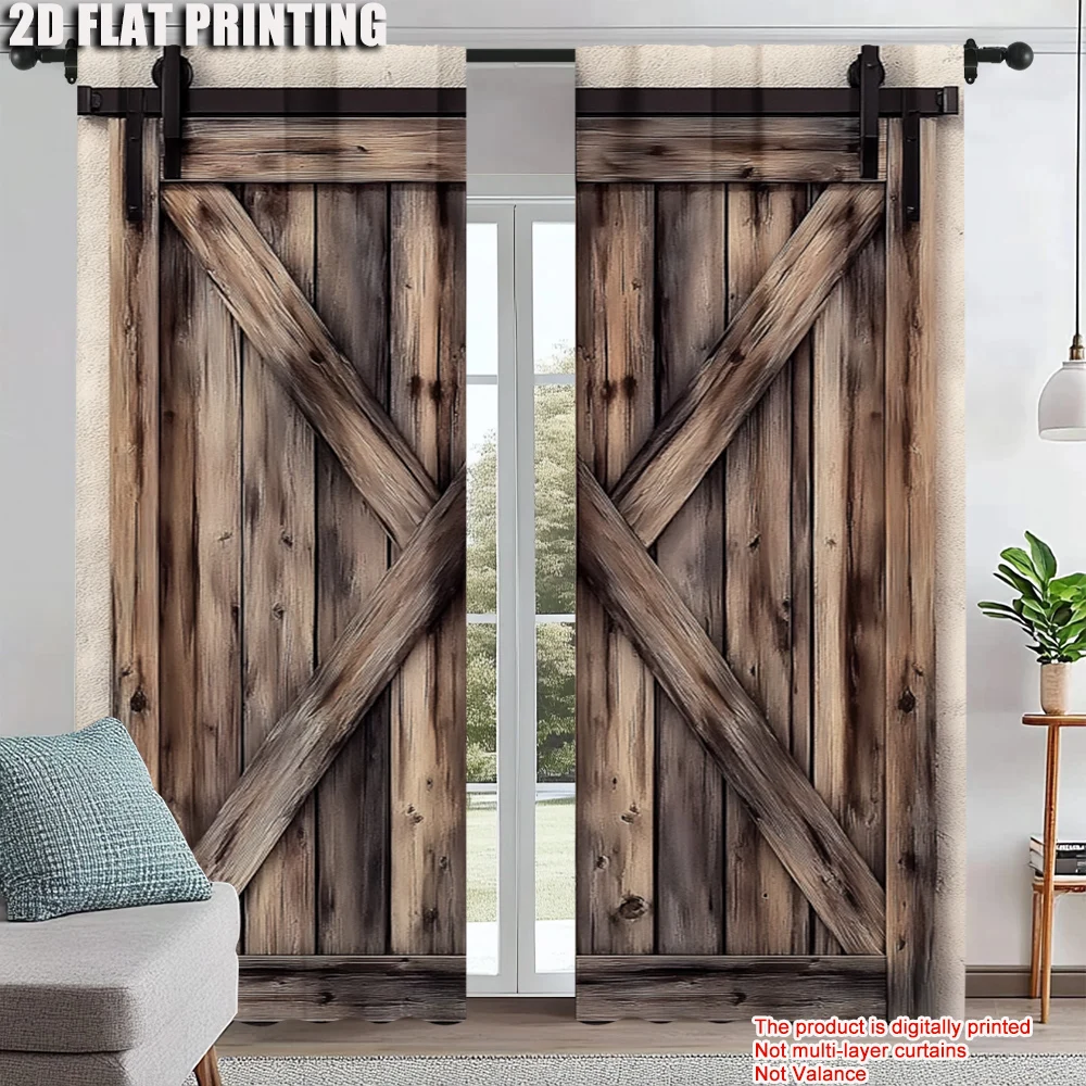 

2Pcs Vintage Wooden Door Pattern Printed Window Curtains For Bedroom Living Room Rod Pocket Window Curtains Home Decor Machine