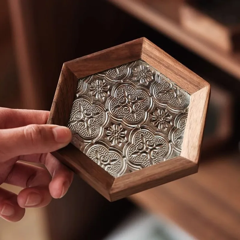 Hexagonal Walnut Wood Glass Coaster, Retro Begonia Flower Embossed Heat Resistant Tea Cup Mat, Kung Fu Tea Accessories
