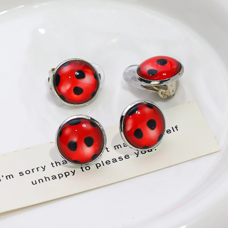 Trendy Cute Anti-rust Ladies Glass Ladybug Earrings Hoop Dot Earrings Jewelry Gift Women Ear Clip Earrings Ear Studs