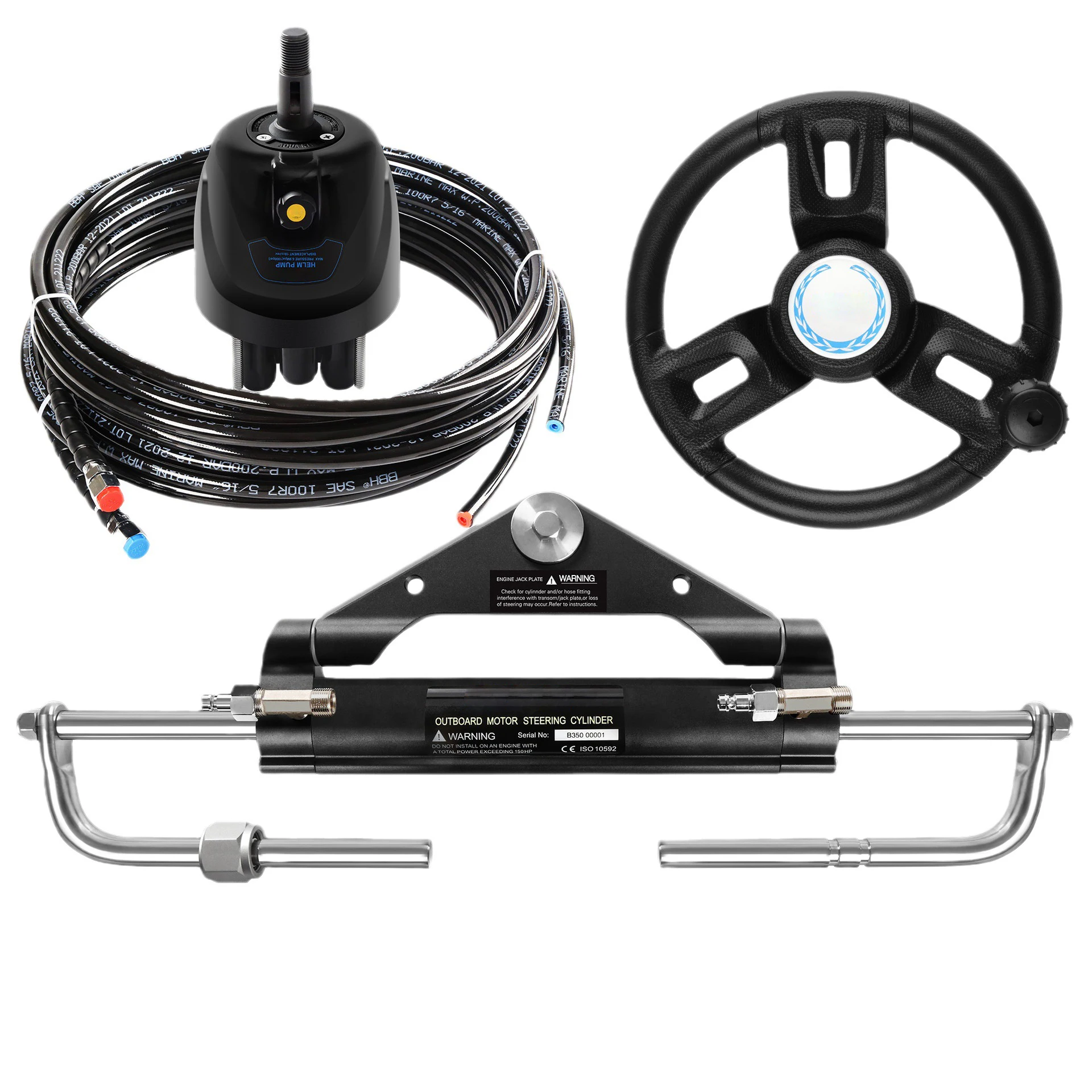 BHS-150 Marine Hydraulic Steering Helm Pump 150 HP Stainless Steel Cylinder, Helm Pump, Hose Boat Yacht Outboard Inboard Helm