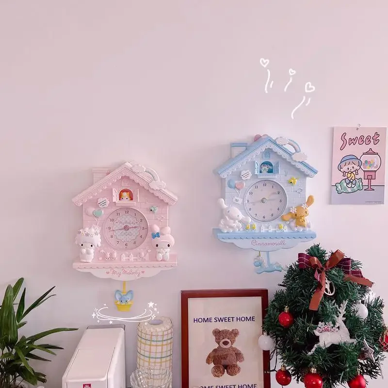 Sanrio Collection-reloj colgante de pared para dormitorio, adorno colgante de pared decorativo, melodía, Gemini, Tamagotchi Kitty, bonito columpio