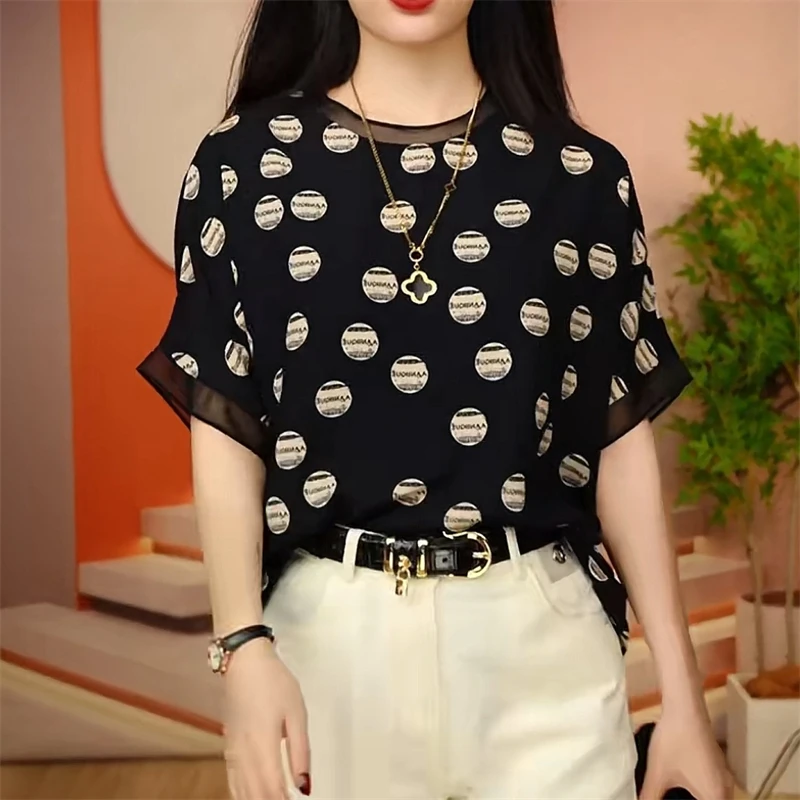 2024 Summer Women Korean Fashion Polka Dot Print Sheer Patchwork Blouse Casual O Neck Short Sleeve Loose Tops Blusas Para Mujer