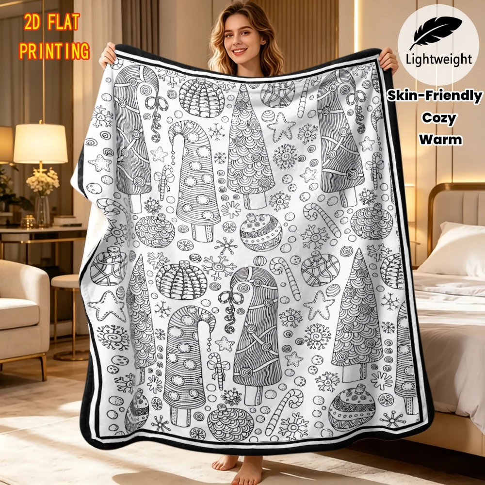 Santa Reindeer Sleigh Outline DIY blanket Cozy Warm Throw Blanket Lightweight Flannel Blanket for Xmas Family Activity Gift