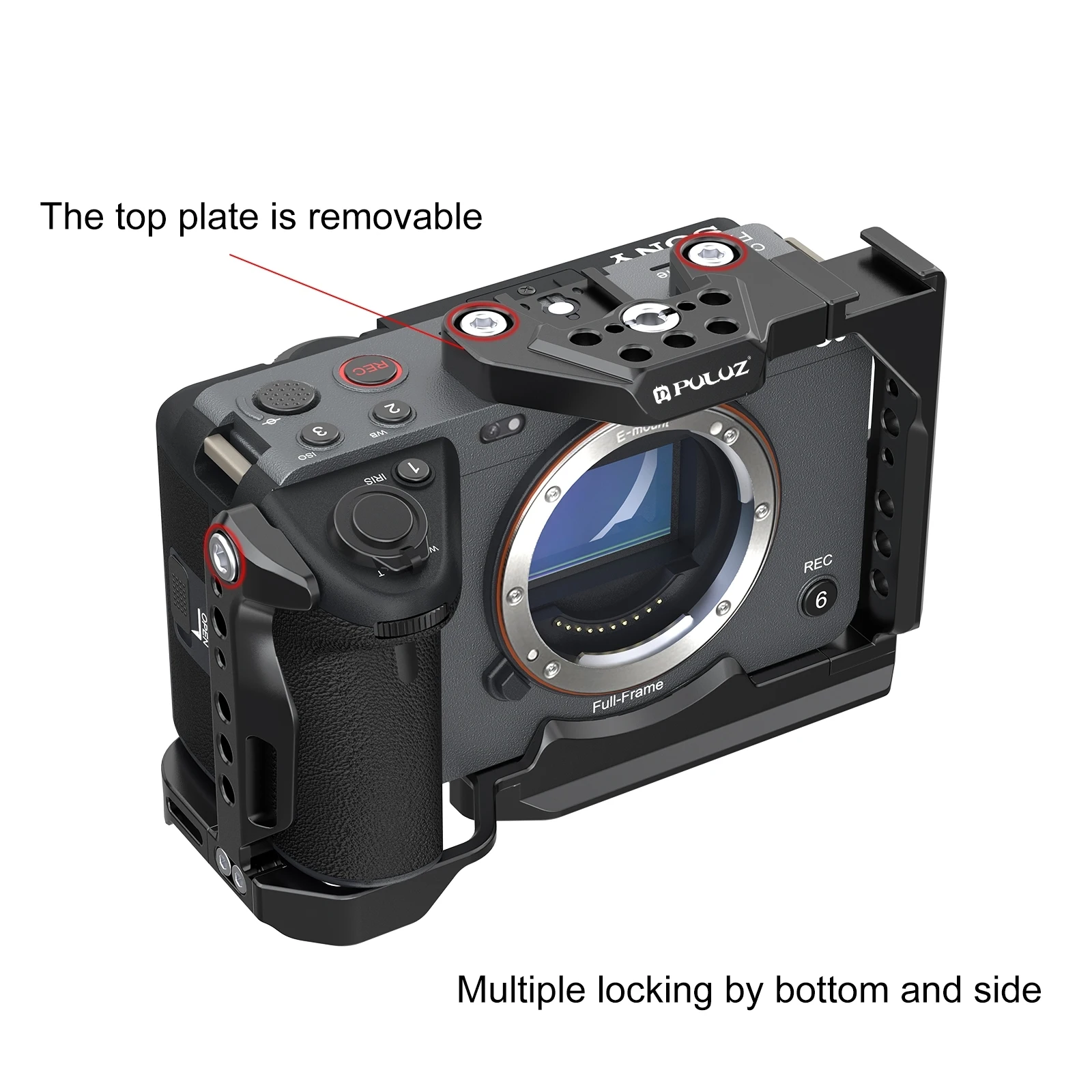 PULUZ Metall-Kamerakäfig-Stabilisator für Sony ILME-FX30 / FX3 mit NOTA-Slider, 1/4-Zoll-Schrauben, 3/8-Zoll-Erweiterungen und Arri-Positionierungslöchern – Detail 9
