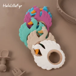 Baby Silicone Teethers BPA Free Swan Shape Infant Wooden Ring Teething Toys for Boys Girls Chewing Nursing Toy Newborn Gifts