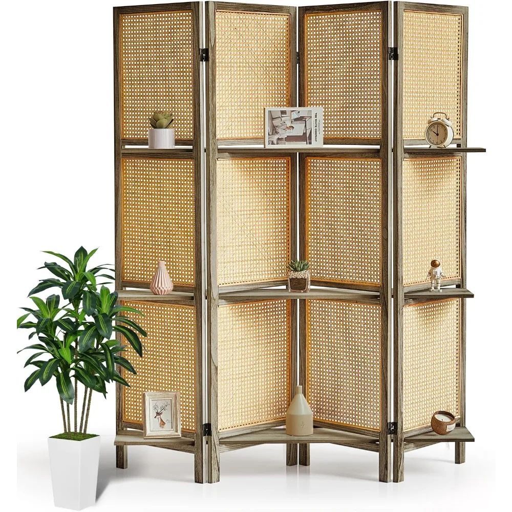 

Room Divider Panel with Shelves, Foldable Wood Room Divider Panel, Rattan Room Divider Wall, Folding Privacy Screen