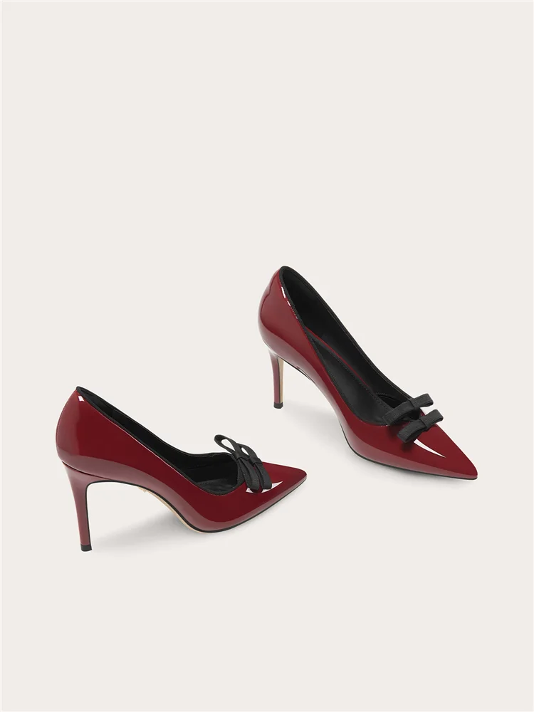 Spring new pointed shallow mouth patent leather bow fine order shoes banquet large size small size widened high heels women shoe