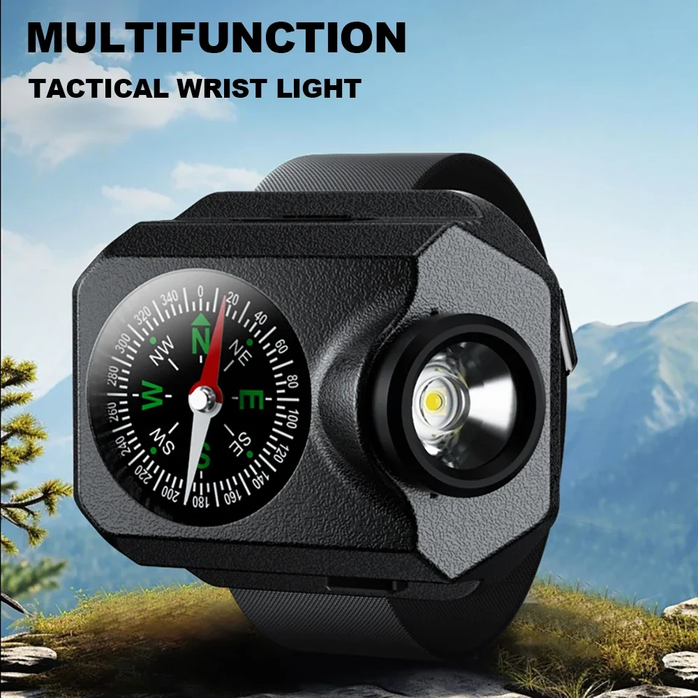 Powerful Wrist LED Light Wristwatch Flashlight with Compasses Rechargeable Waterproof Outdoor Camping Running Bracelet Lights