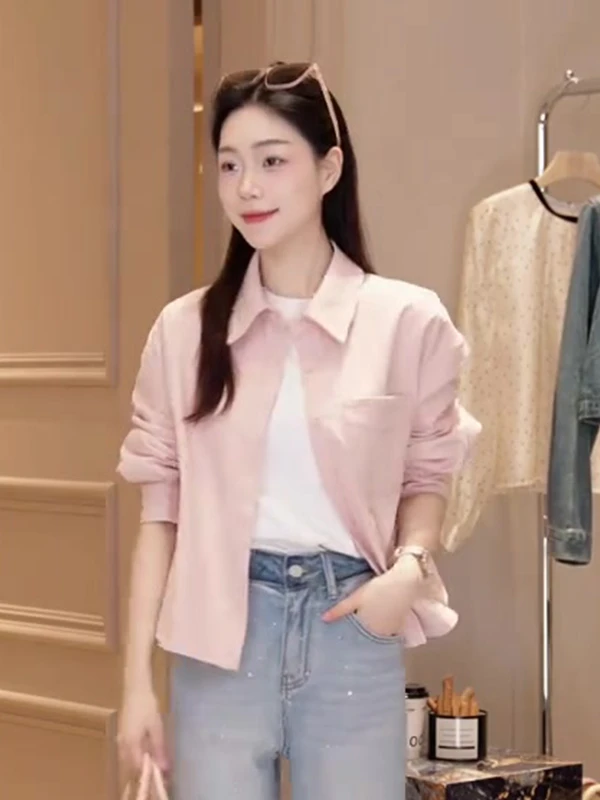 

Ele Pink ort irt Women's Faionable Versatile Top Early Spring Commute Sle Loose Fit Long Sve Collar Pure ...