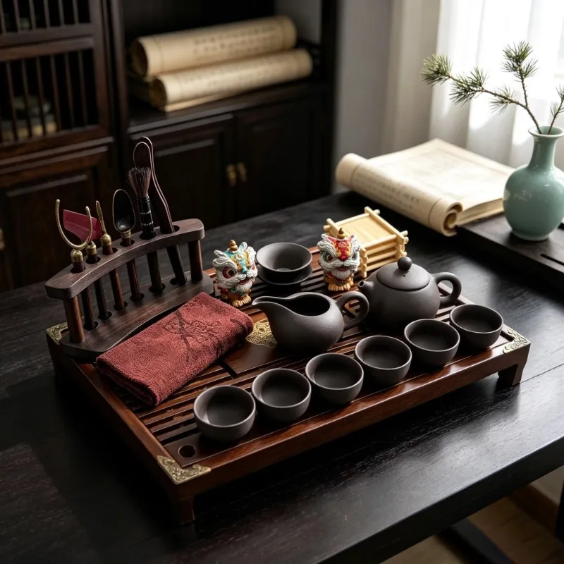Yixing Purple Clay Kung Fu Tea Set with Color Changing Lion Dance Tea Pets, Solid Wood Tea Tray, Holiday Gift