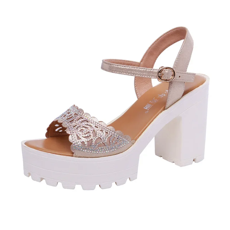 Small Size 32-43 Elegant Rhinestone Wedding Shoes Bride Summer 2025 Block High Heels Sandals Women\'s Platform Sandals Office