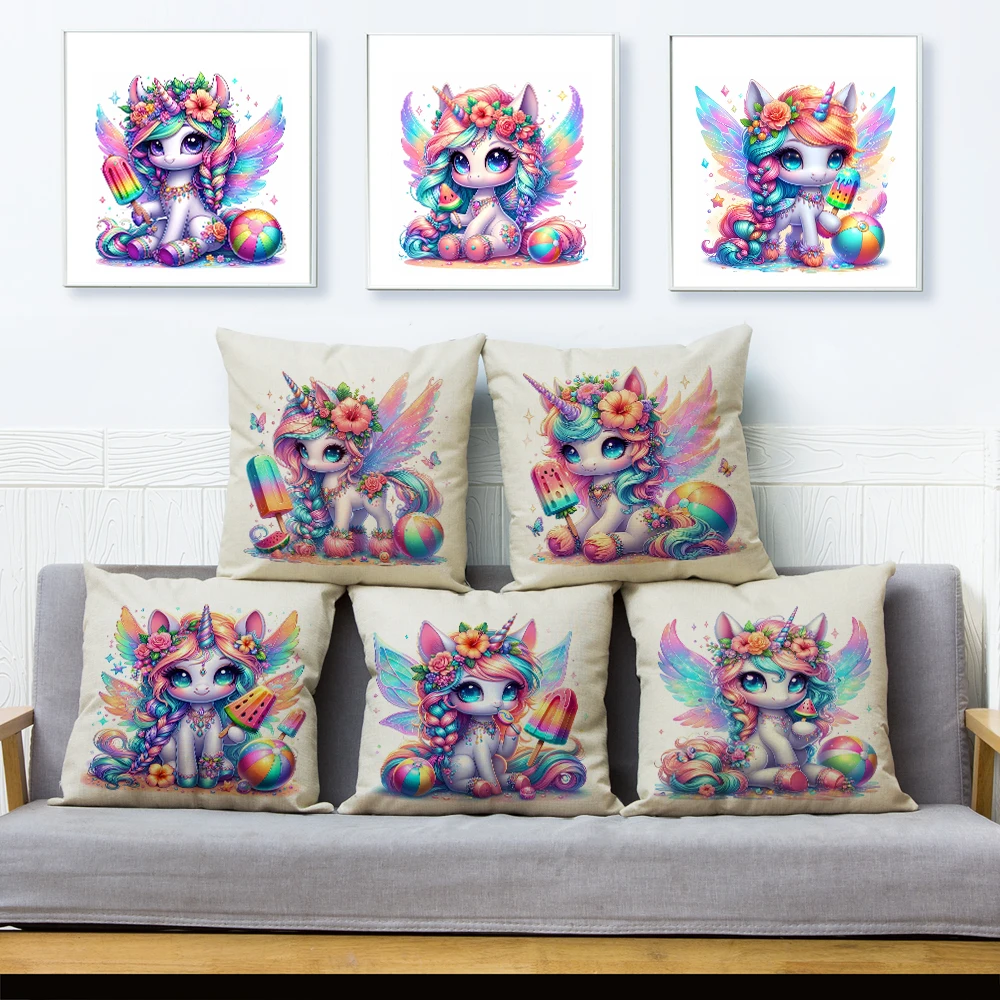 

Cartoon Colorful Unicorn Pillow Case Double Print Children Pillowcase for Sofa Home Decor Cute Animal Cushion Cover 40x40cm