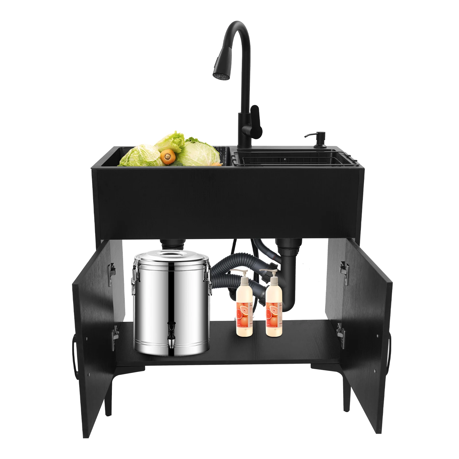 خزانة بالوعة، مجموعة كاملة من المطابخ المصنوعة من الفولاذ المقاوم للصدأ بالوعة سوداء، حوض أخدود مزدوج، صنبور قابل للسحب، سلة تصريف، أنابيب تصريف