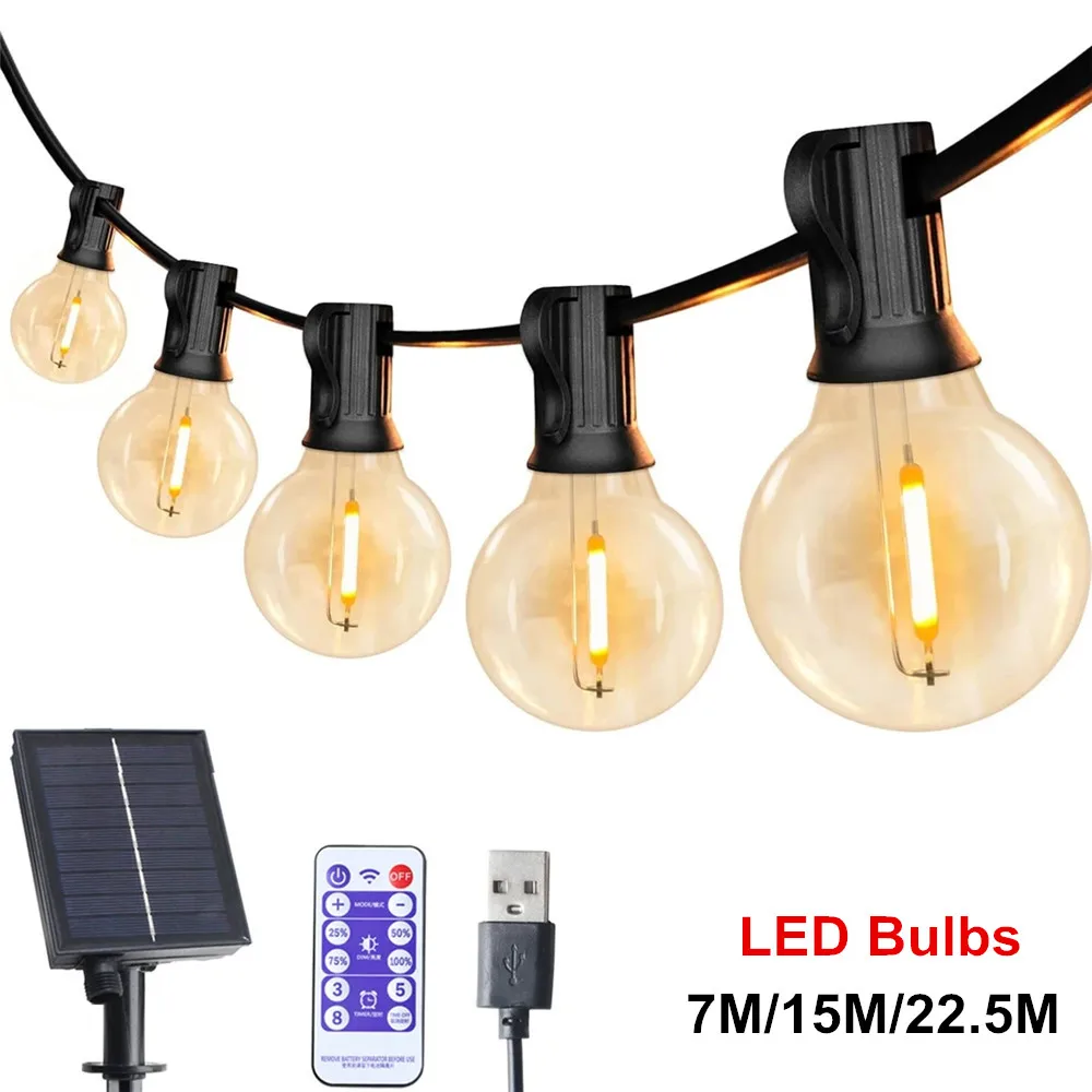 Solar Outdoor String Lights G40 Patio Lights,USB Recharger, 8 Light Modes ,Shatterproof Bulbs , Weatherproof Hanging Light