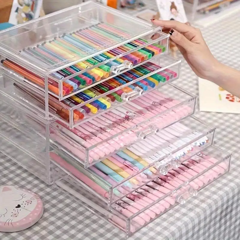 5-Tier Transparent Desktop Drawer Organizer, Storage Cabinet for Makeup, Stationery, Brushes & Nail Gel