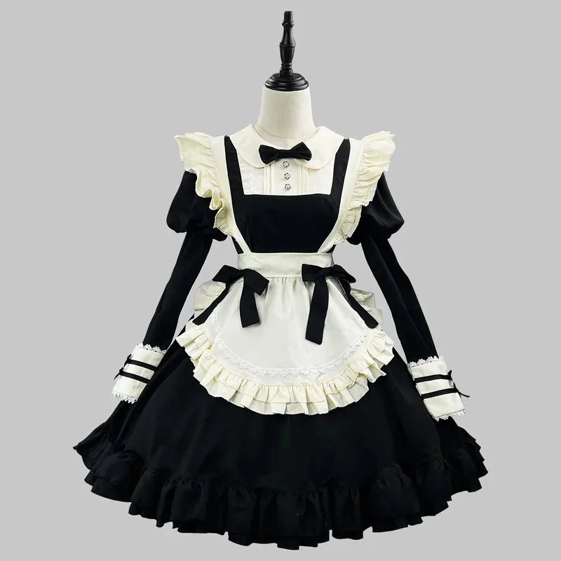 

Lolita Black Color Dress Japanese Style Lace Maid Outfit Coffee Shop Cute Sweet Maid Halloween Costumes for Girls