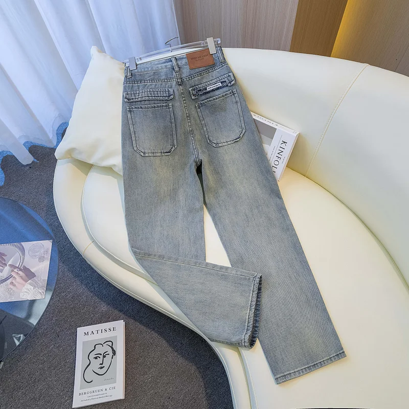 QICHE 2026 Autumn Winter Women Vintage Cropped Straight Denim Pants, High Waist Retro Wash Slim Jean Trousers