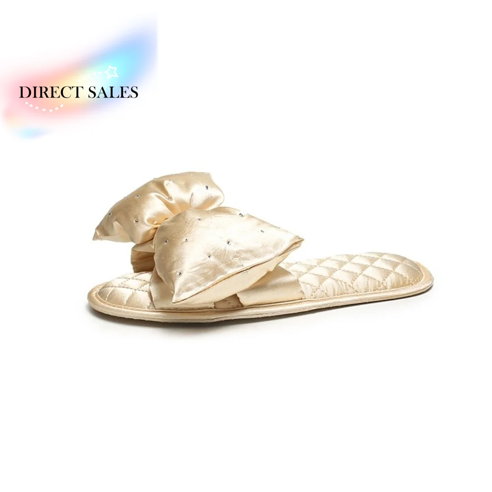 

Casual Big Bow Satin Slippers Soft Bottom Non-Slip Wedding Slippers Peep Toe Plaid Rhinestone Slides Unisex