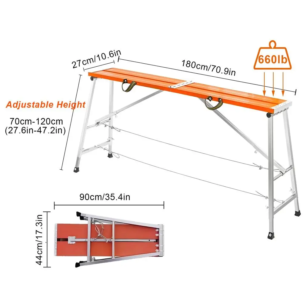 Verstelbaar draagbaar steigerplatform 71 ''660 lbs capaciteit Zwaar uitgevoerd aluminium staal Opvouwbare werkbank Bouwhuis